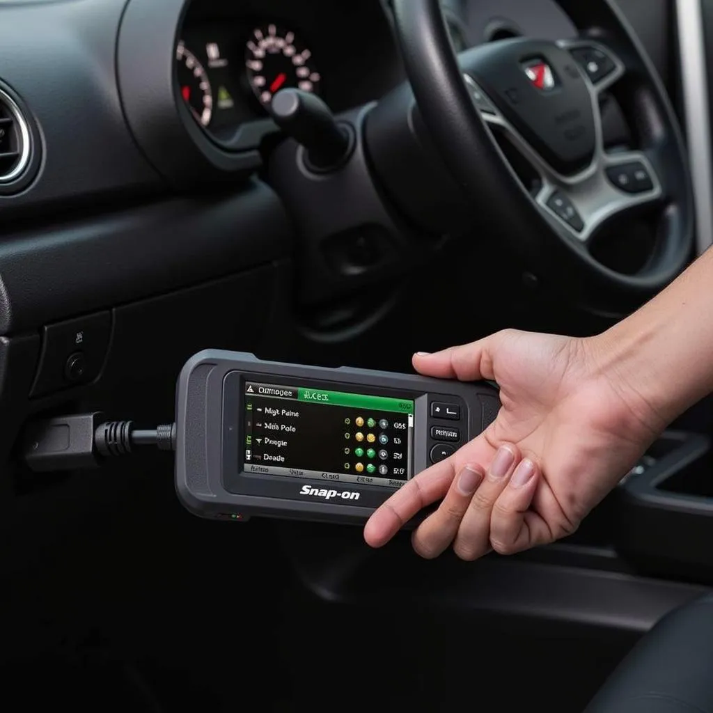 Snap-on scan tool connected to a car's OBD-II port