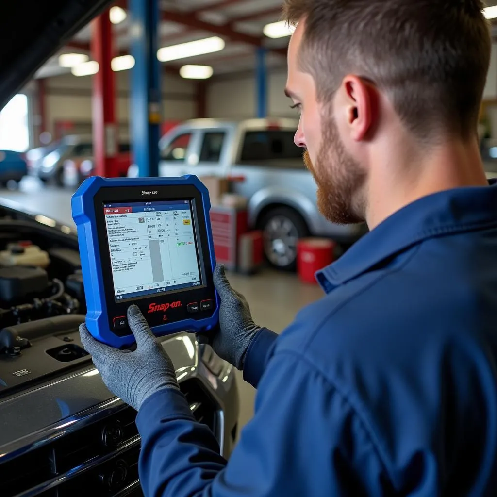 Mechanic using a Snap-on scan tool to diagnose a car