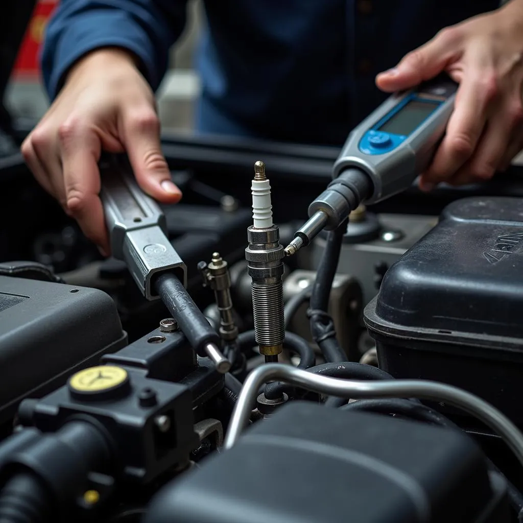 Mechanic inspecting spark plugs and ignition coils.