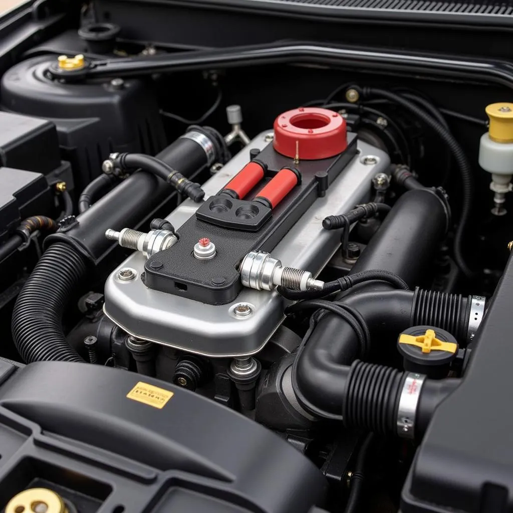 An assortment of spark plugs and an ignition coil are displayed prominently atop a car engine.