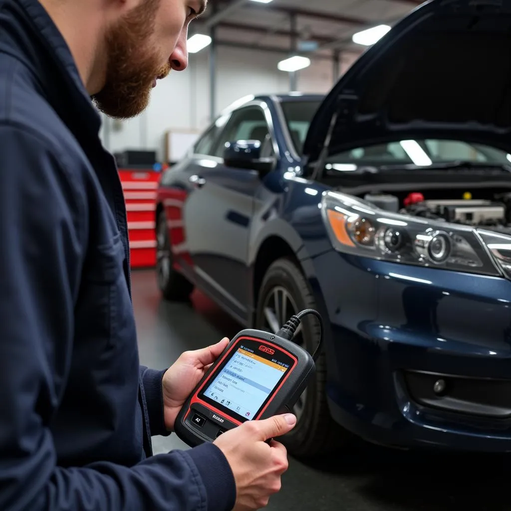 Mechanic using an SRS ABS scan tool on a Honda Accord