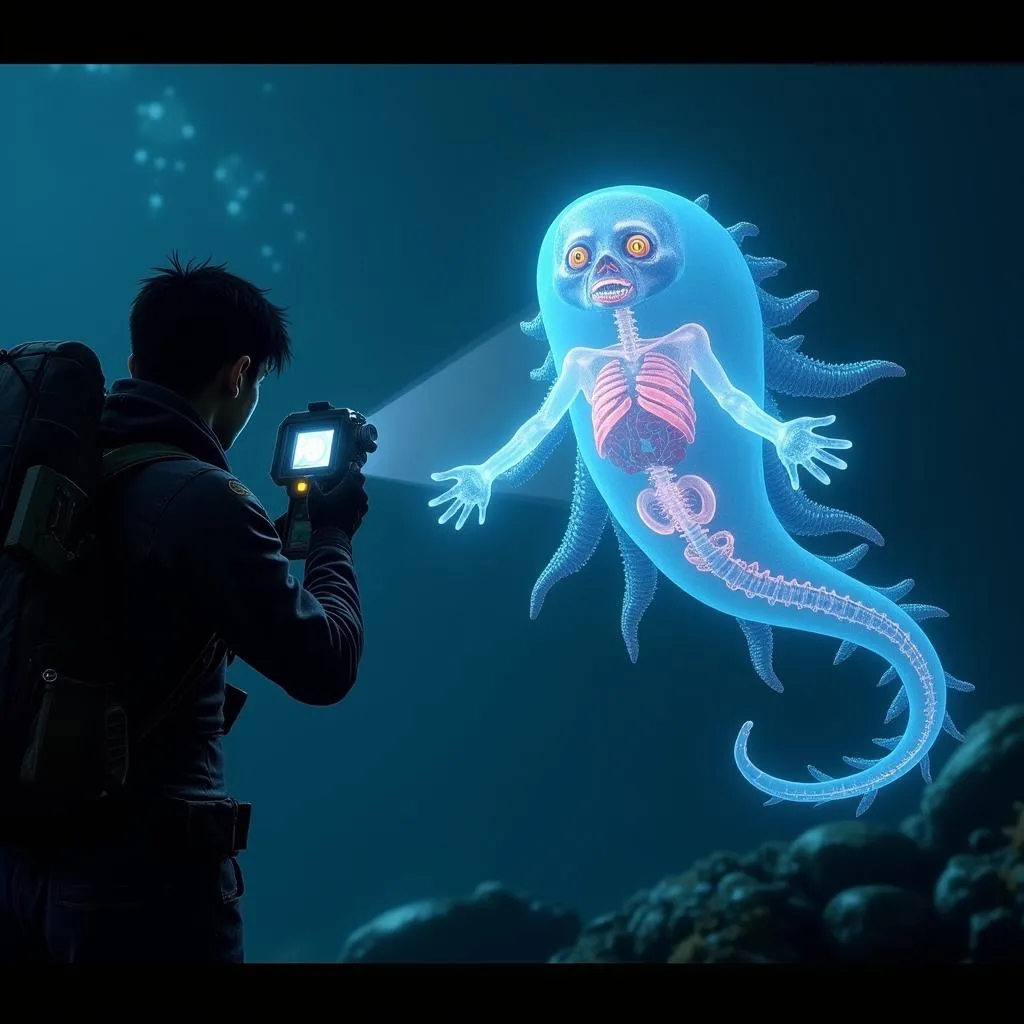 Subnautica player using the go inside scan tool on a creature