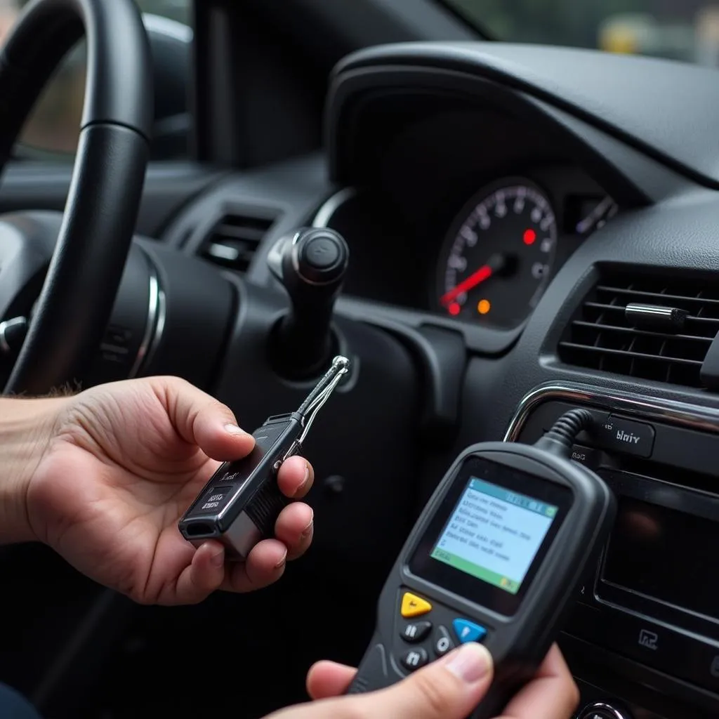 Mechanic using a supercheap scan tool to read DTCs on a car.