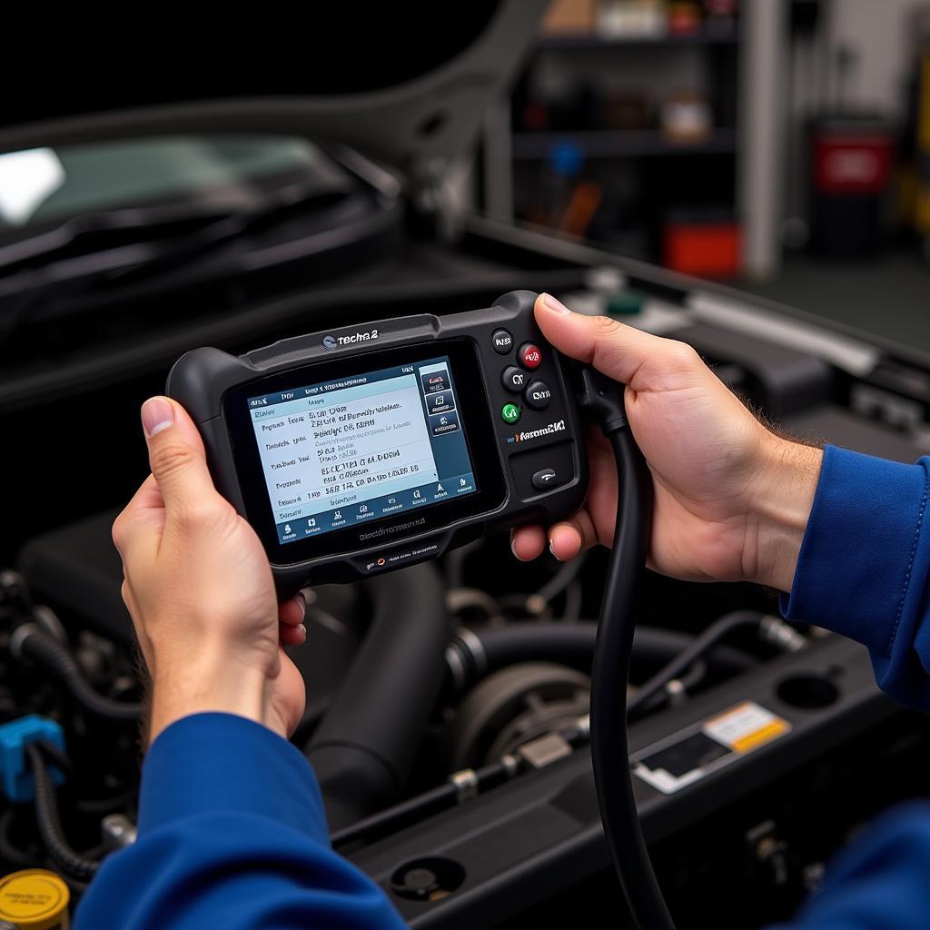 Mechanic using a Tech 2 scan tool on a vehicle