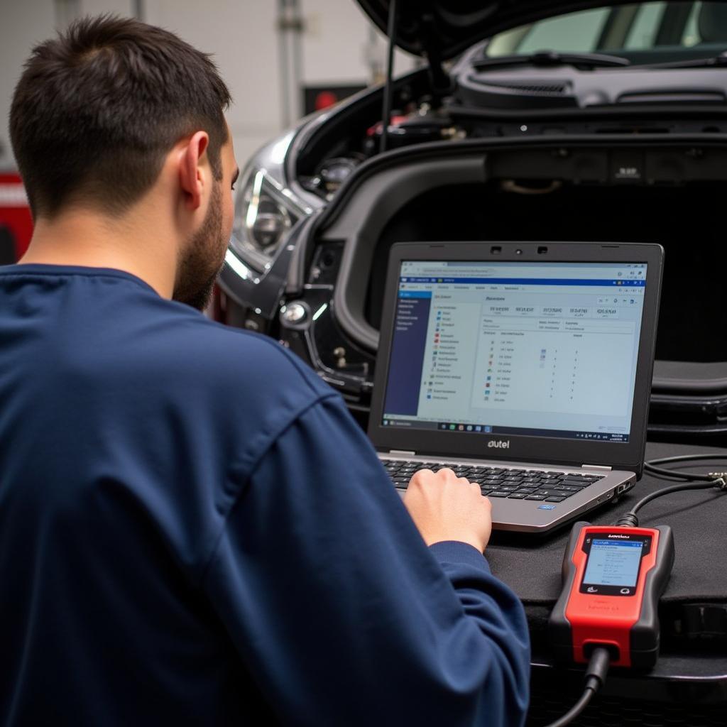 A technician using the Autel MaxiFlash J2534 driver to diagnose a car in a professional workshop setting