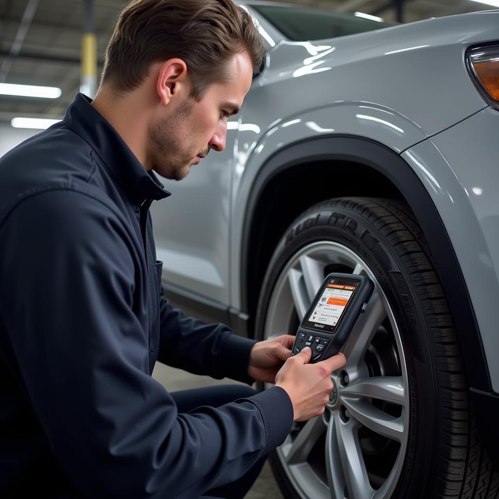 Technician Using Autel Pad TPMS in Workshop