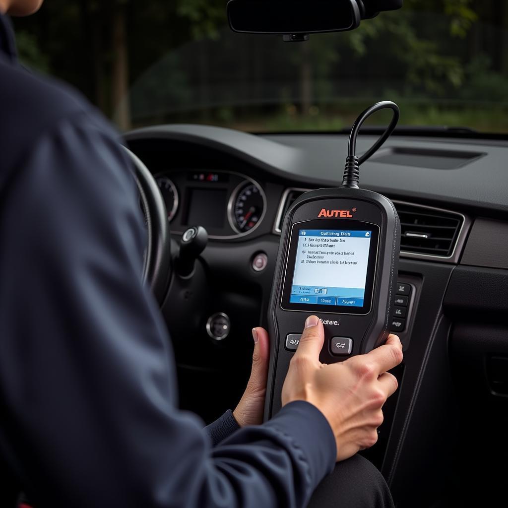 Technician Using Autel Scanner for Brake Service