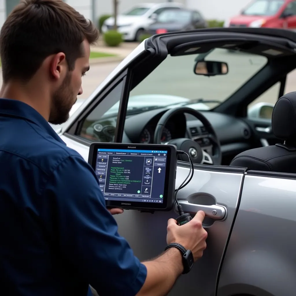 Technician Using Dealer Scanner on Convertible Car