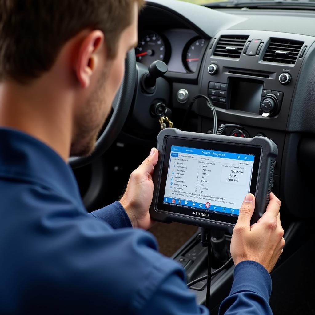 Technician Using a Network Scanner on a Vehicle