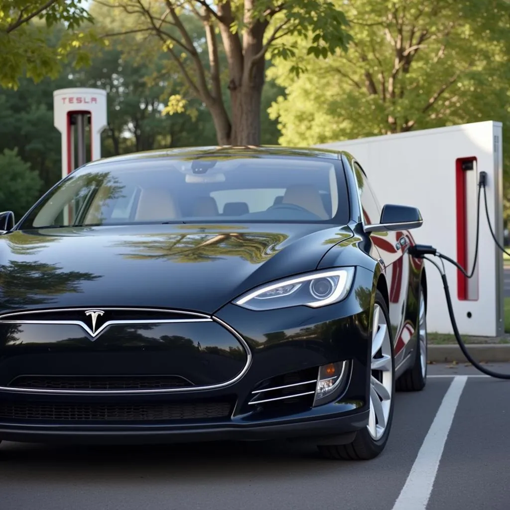 Tesla Model S plugged into a charging station