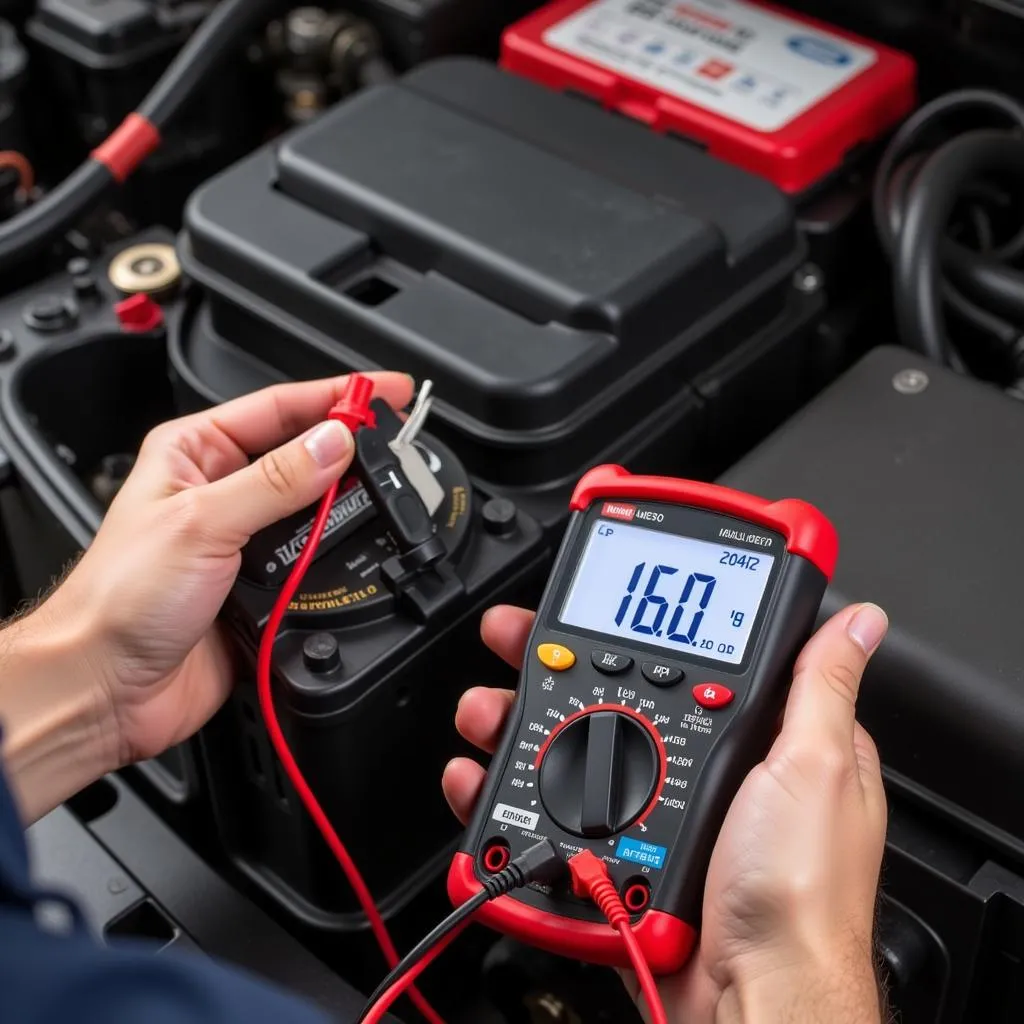 Mechanic using multimeter to test car battery voltage