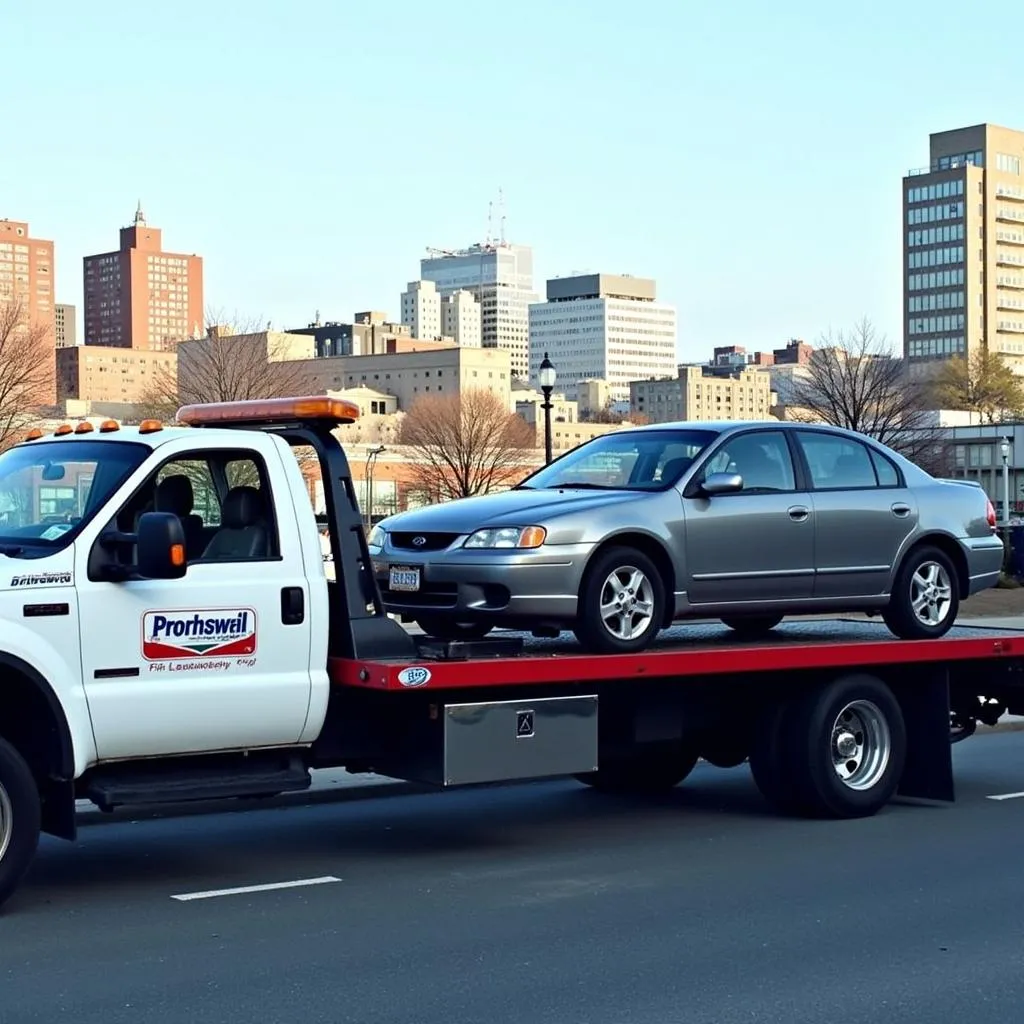 Tow truck towing a car in Portland, Maine