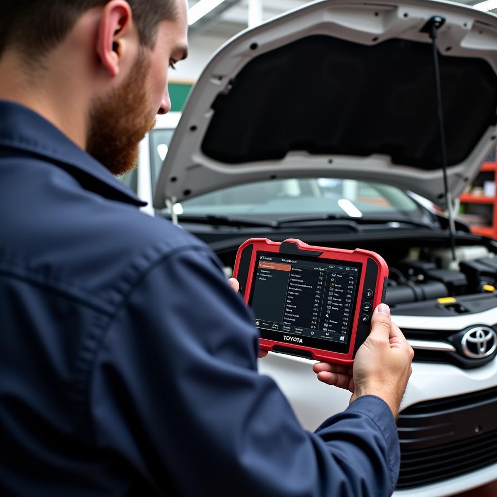 A mechanic working on a Toyota car with a Dealer Scanner