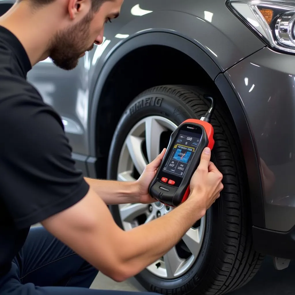 Mechanic using a TPMS tester on a car tire.