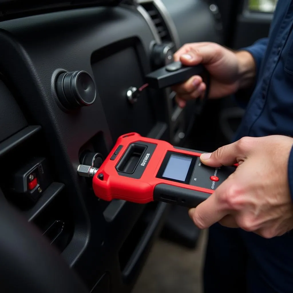 Mechanic using transmission diagnostic equipment