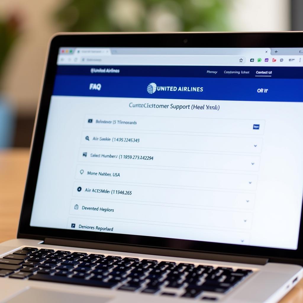 United Airlines Website Customer Support Page on a Laptop