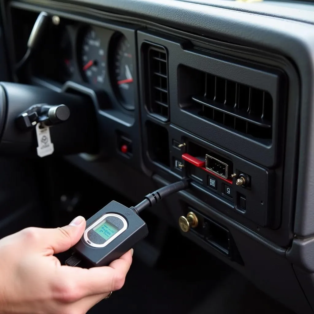 Mechanic connecting a USB scan tool to a 1988 GMC C2500 pickup truck