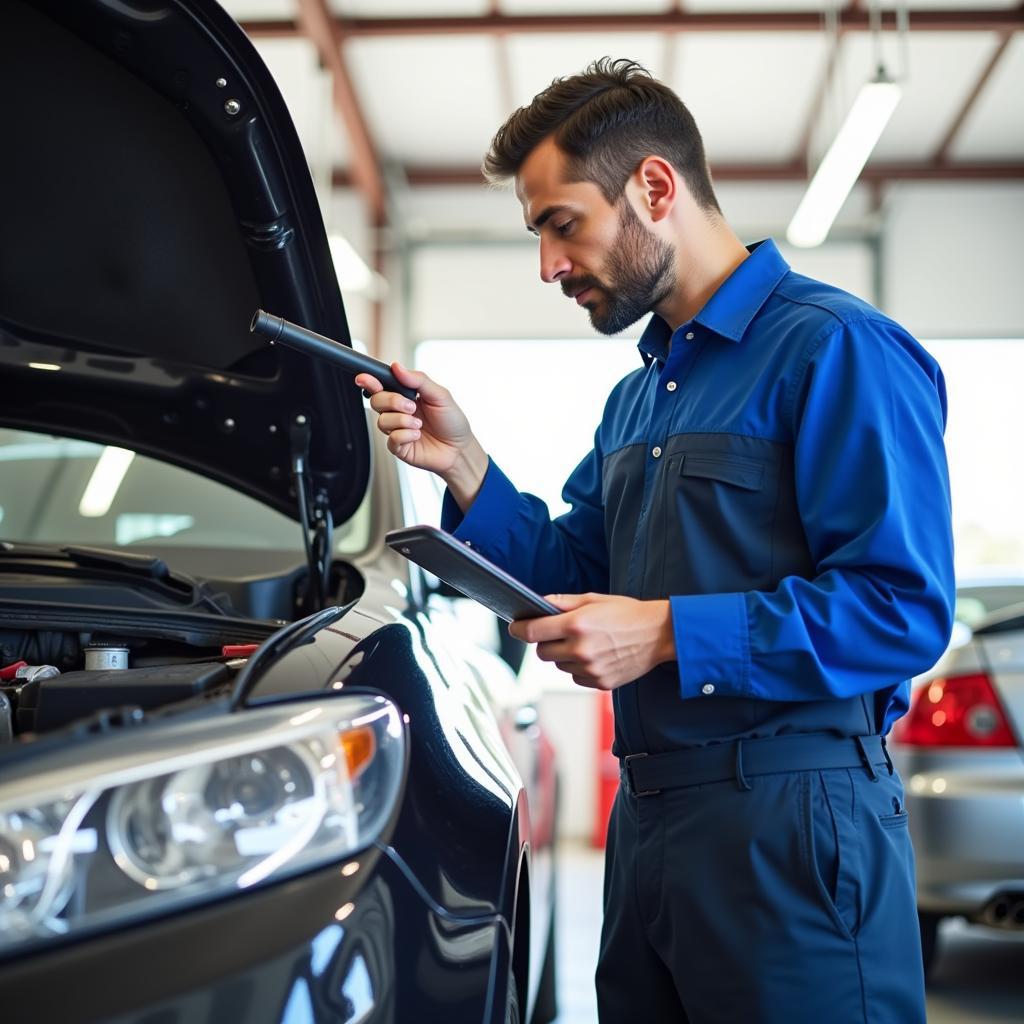 A mechanic inspecting a used car