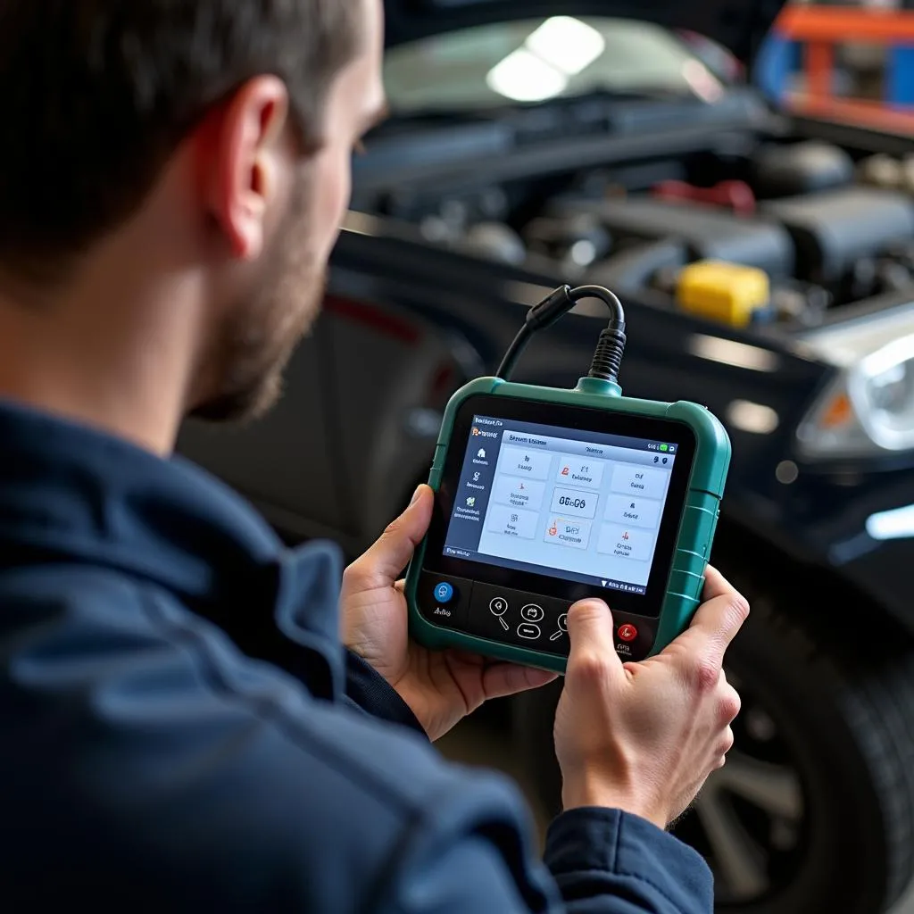 Mechanic inspecting a used scan tool for sale