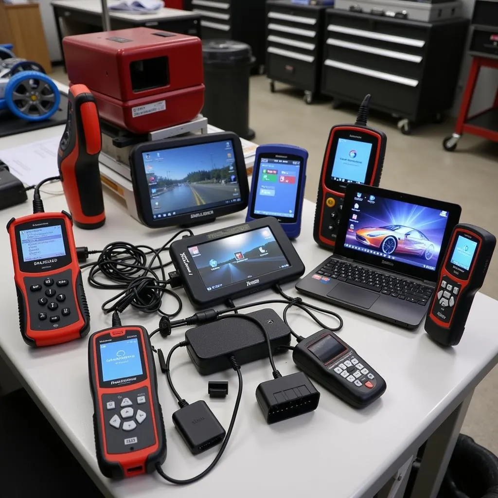 Different types of automotive diagnostic scan tools laid out on a workbench