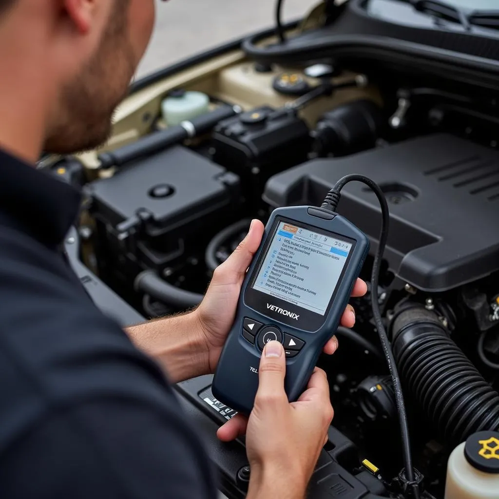 Mechanic using Vetronix Tel 2 scan tool to diagnose car engine issue