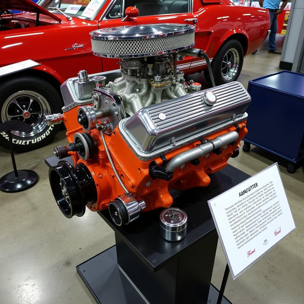 Vintage car engine on display at a car show