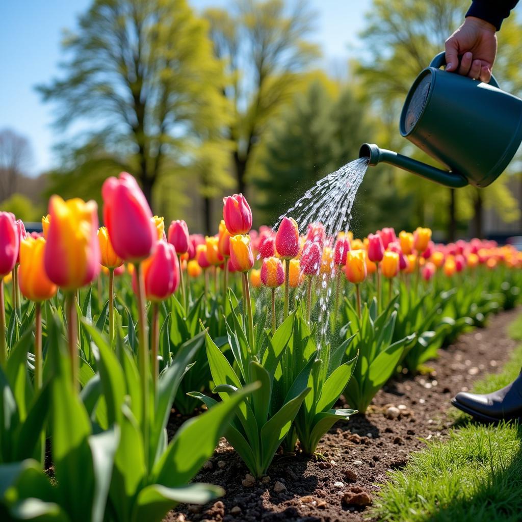 Watering Tulips in Spring Garden