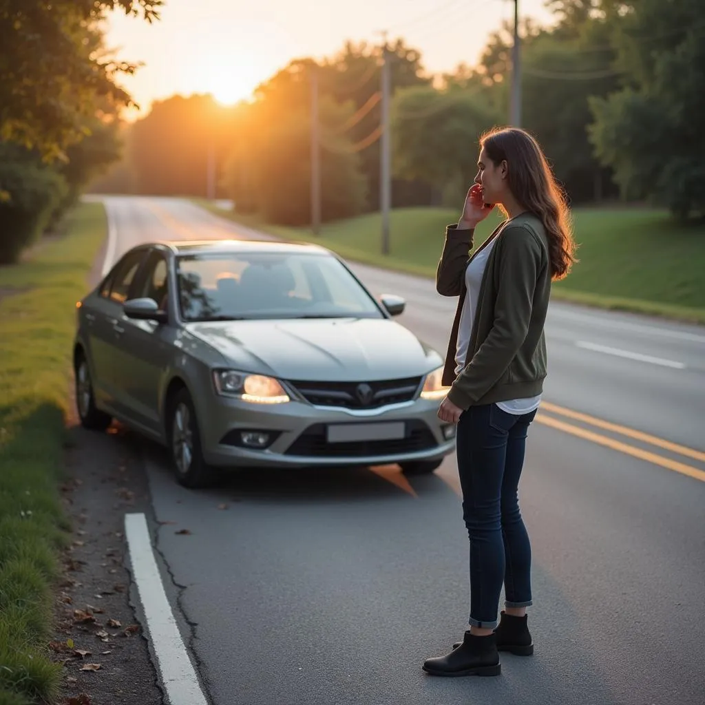 Woman Calling Roadside Assistance Near Her Broken Down Car