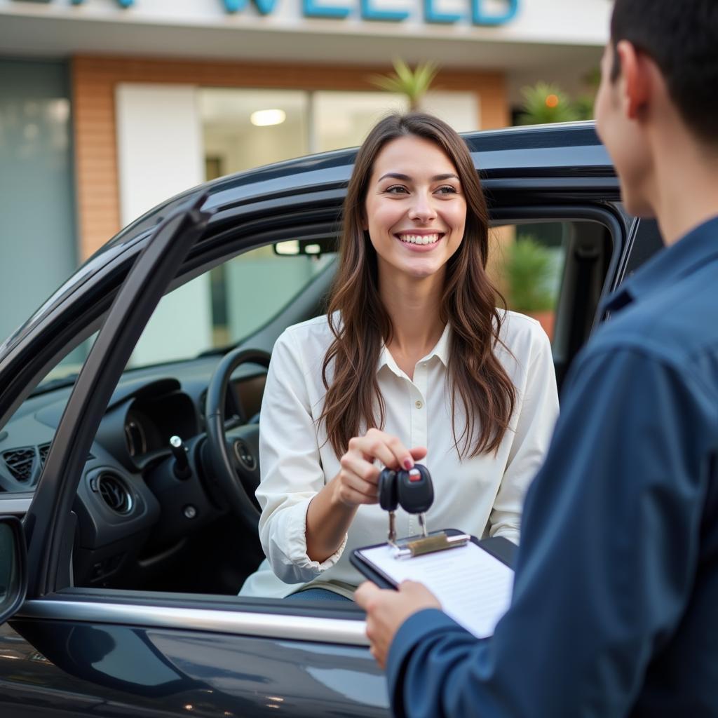 Woman Picking Up a Cheap Rent Car