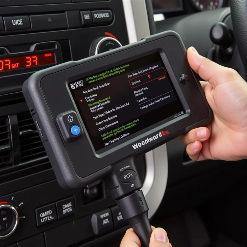 Mechanic connecting a Woodward Mahindra compatible scan tool to a vehicle's OBD-II port.