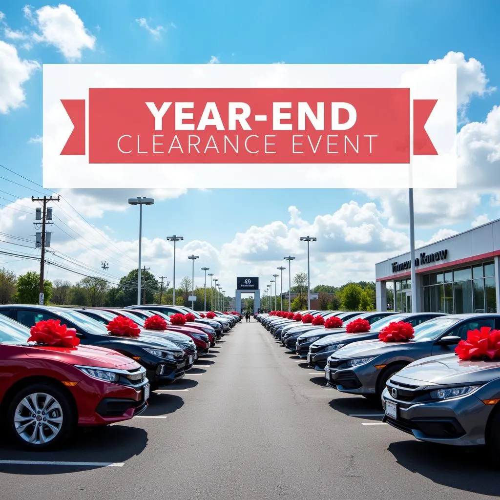 Year-end car clearance sale with red bows on new cars