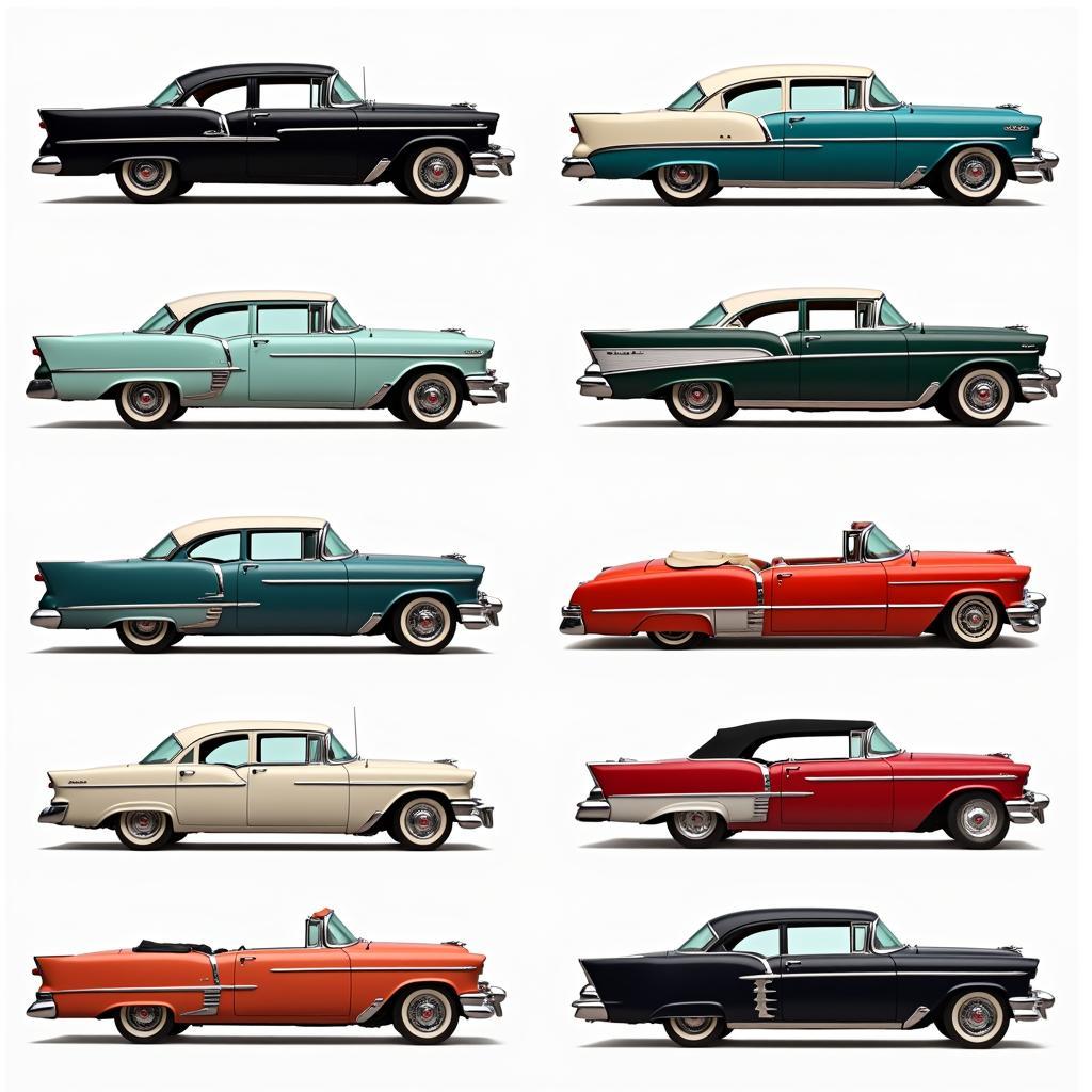 1950s classic car designs showcasing chrome accents, two-tone paint jobs, and iconic tailfins.