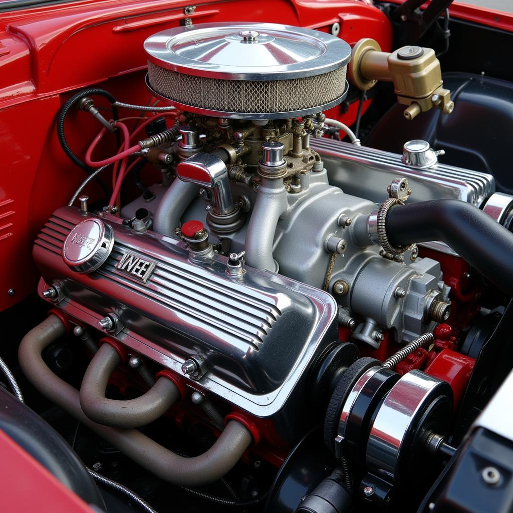 Powerful V8 engine of a 1950s American car, showcasing its technological advancements.