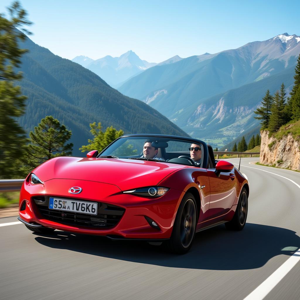 Red sports car navigating a scenic mountain pass