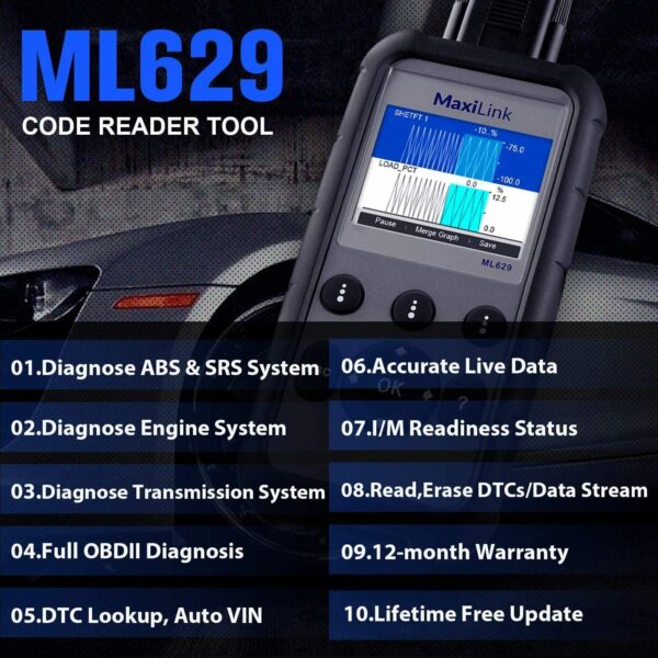 2022 Autel ML629 OBD2 Scanner Engine Transmission Auto VIN Code Reader ABS SRS - Image 2