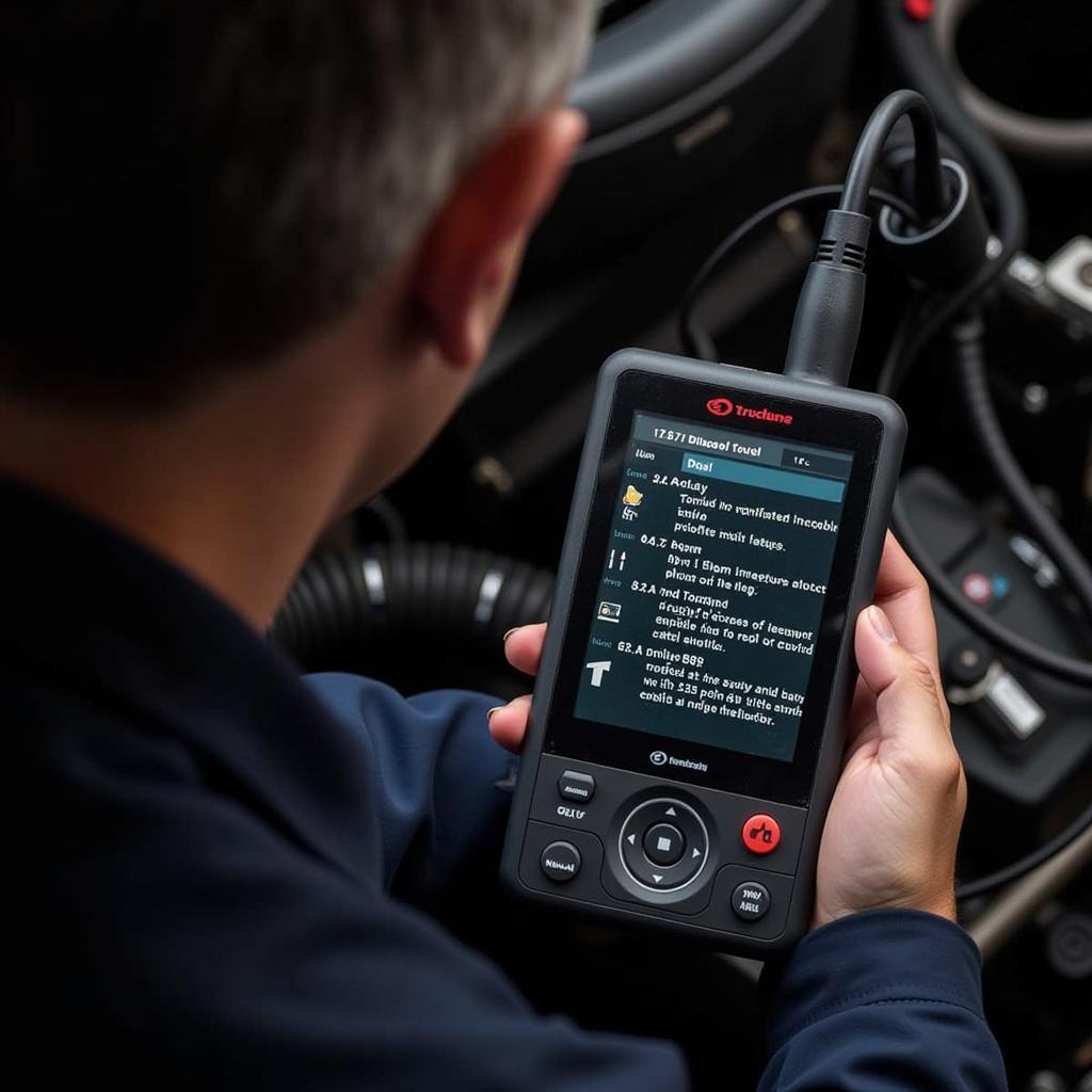 Mechanic Using a 6.7 Diesel Scan Tool to Diagnose Engine Problems