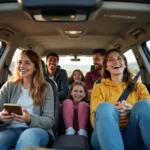 Family enjoying a road trip in a 7 passenger SUV