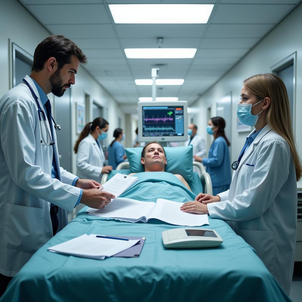 Acute care hospital setting showing doctors and nurses attending to a patient