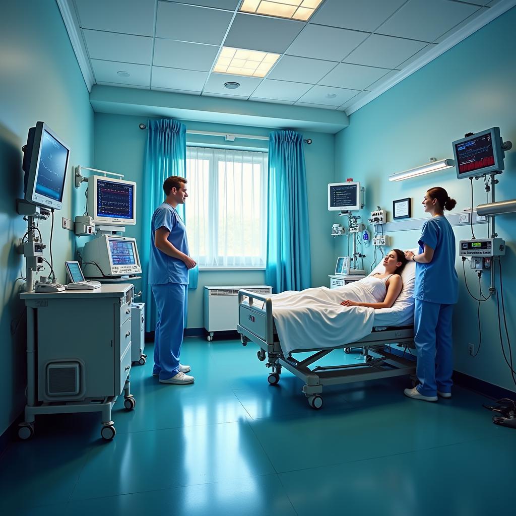 An image depicting a typical acute care hospital setting with medical professionals attending to a patient.