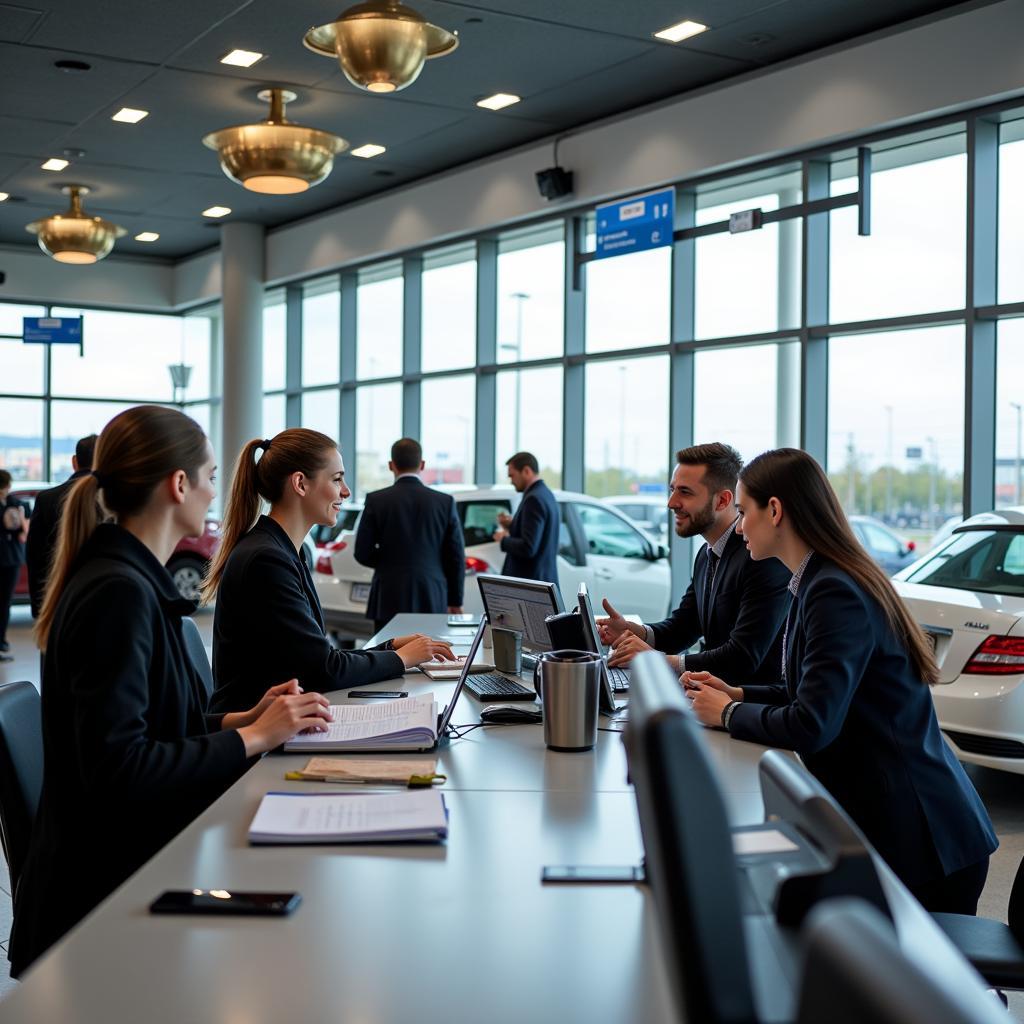 Airport car rental counter with customers