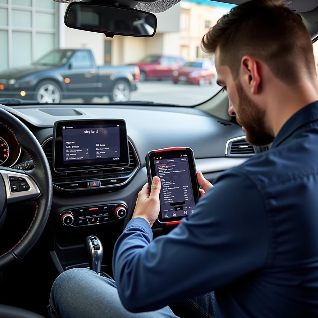 Mechanic Diagnosing Check Engine Light with All-in-One Scan Tool