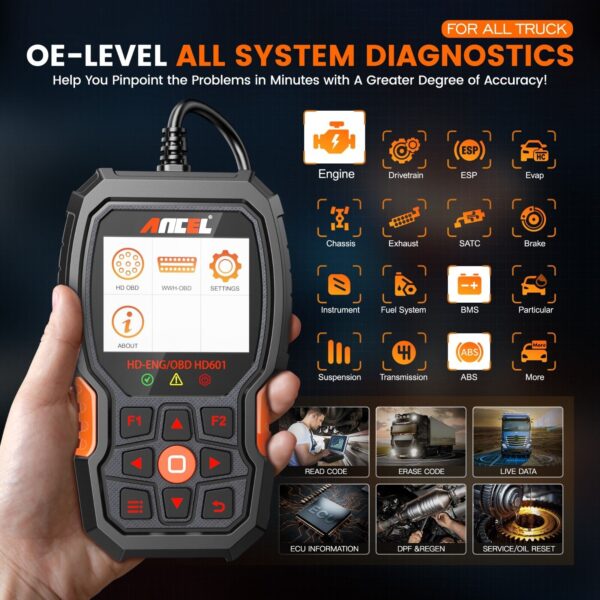 ANCEL HD601 Heavy Duty Truck Scanner Diagnostic Tool All System OBD2 Scanner - Image 2