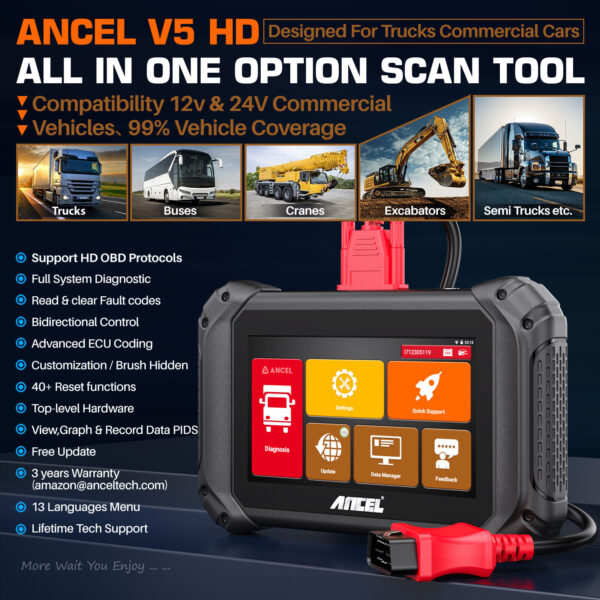 Ancel V5 HD Diesel Truck Scanner All System OBD2 Diagnostic Tool DPF/DPD Coding - Image 5