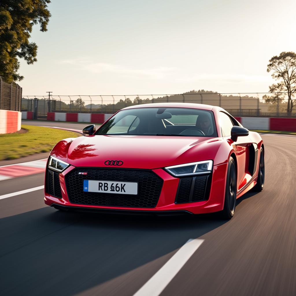 Audi R8 sports car speeding on a race track