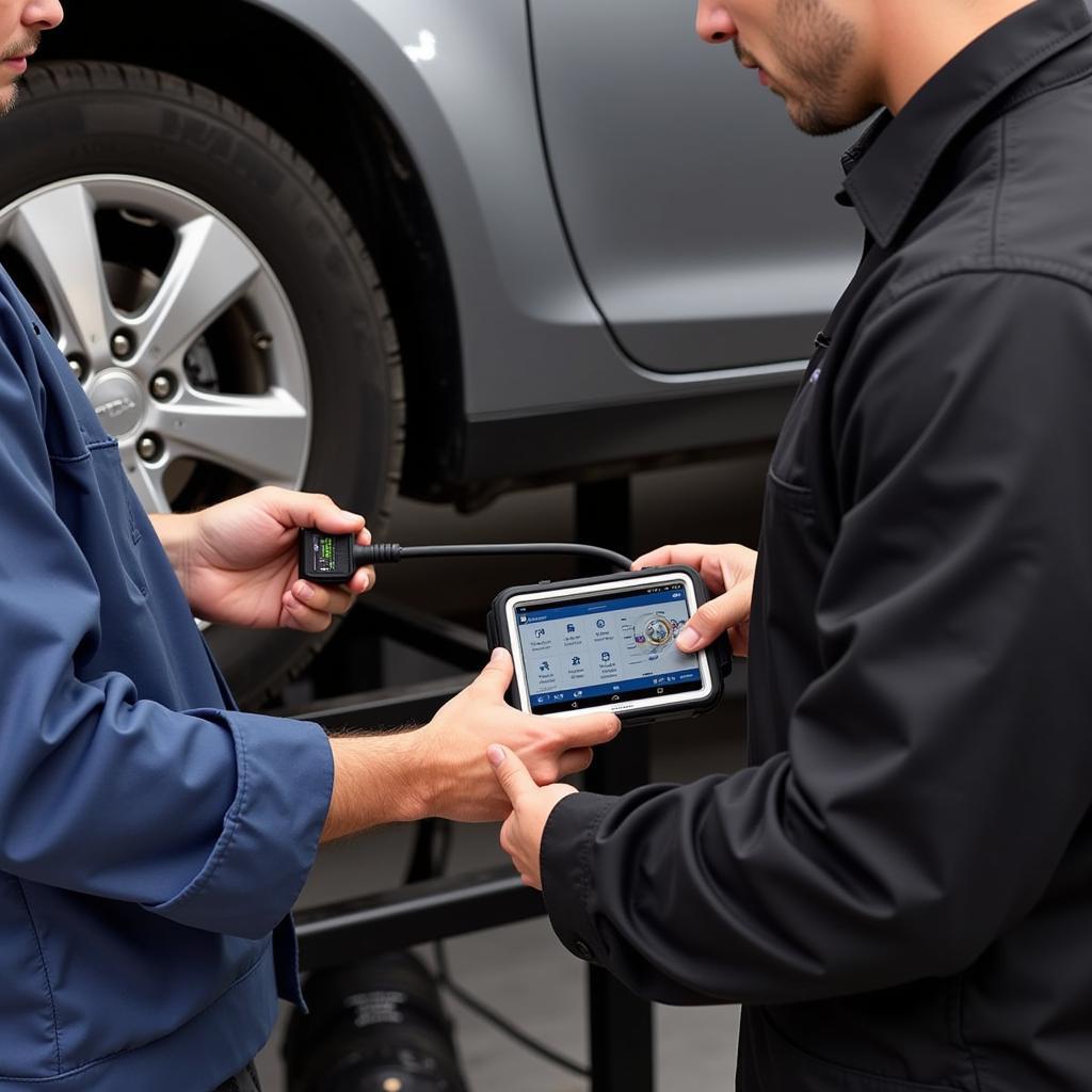 Mechanic Using Autel ABS TPMS Tool