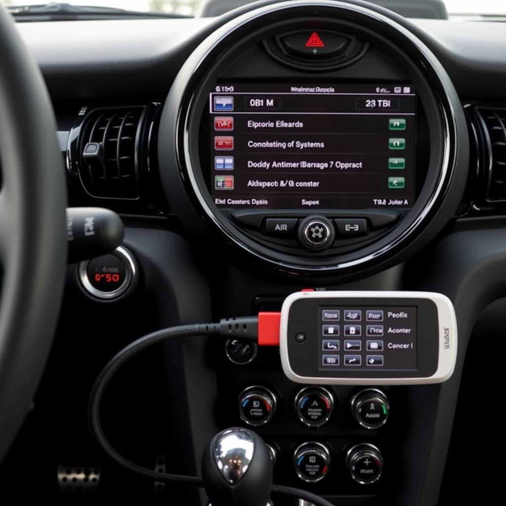 Autel Diaglink performing diagnostics on a Mini Cooper dashboard