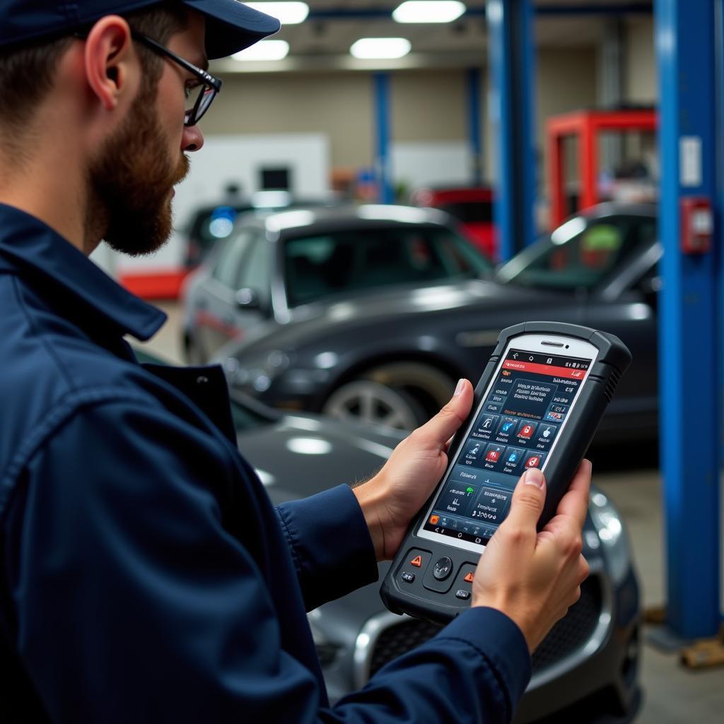 Autel Diagnostic Scanner in Use by a Mechanic