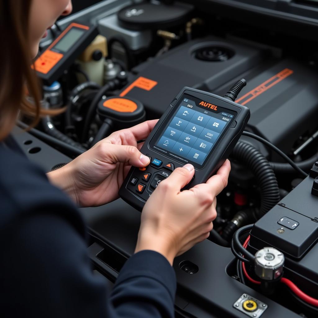 Technician troubleshooting an Autel DS708 scanner