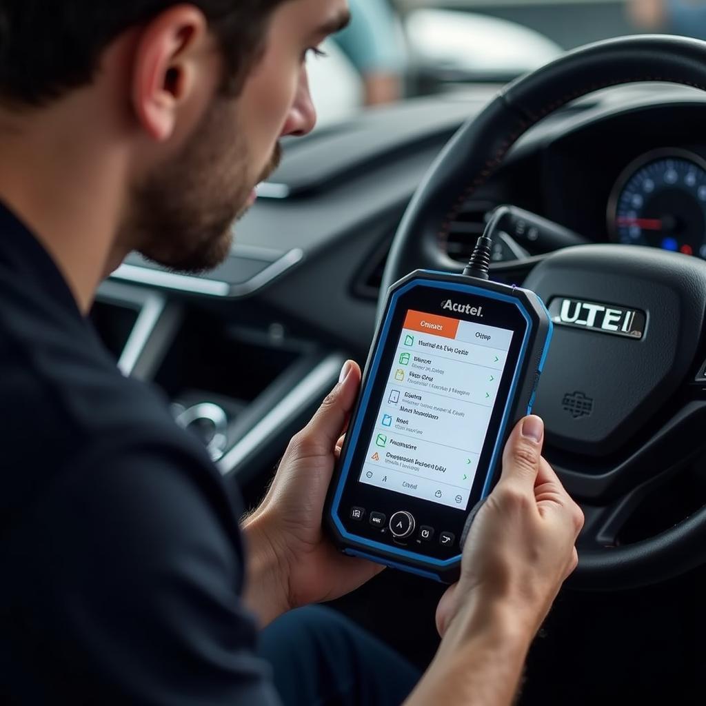 Mechanic using an Autel diagnostic tool on an electric vehicle.