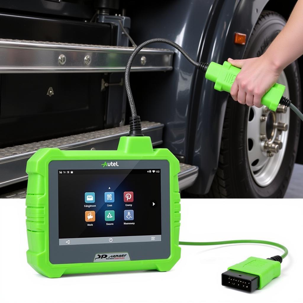 Autel Heavy Duty Green Adapter Connected to a Truck Diagnostic Port